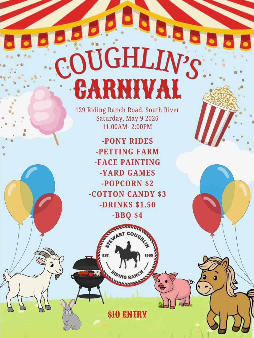 Coughlin's Carnival promo poster – family event at Stewart Coughlin Riding Ranch, South River, Ontario, May 9 2026